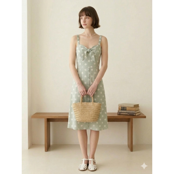 CAPULET Dresses & Skirts - Capulet Sage Green Polka Dot Tie-Front Midi Dress Retro Minimalist Pockets Sz M